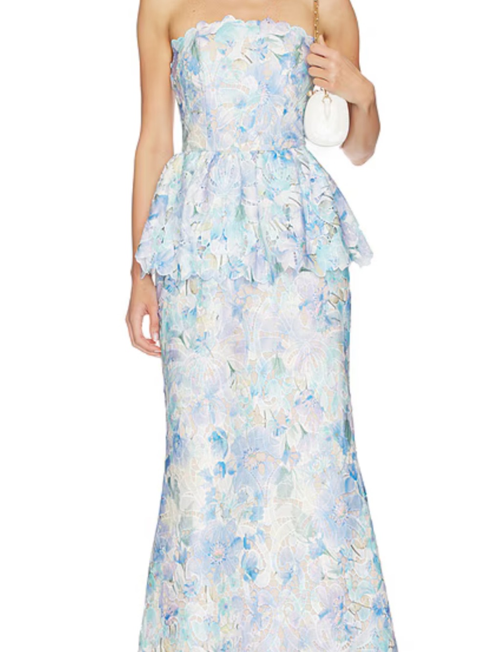 Elliatt Strapless Pastel Blue Floral Peplum Gown